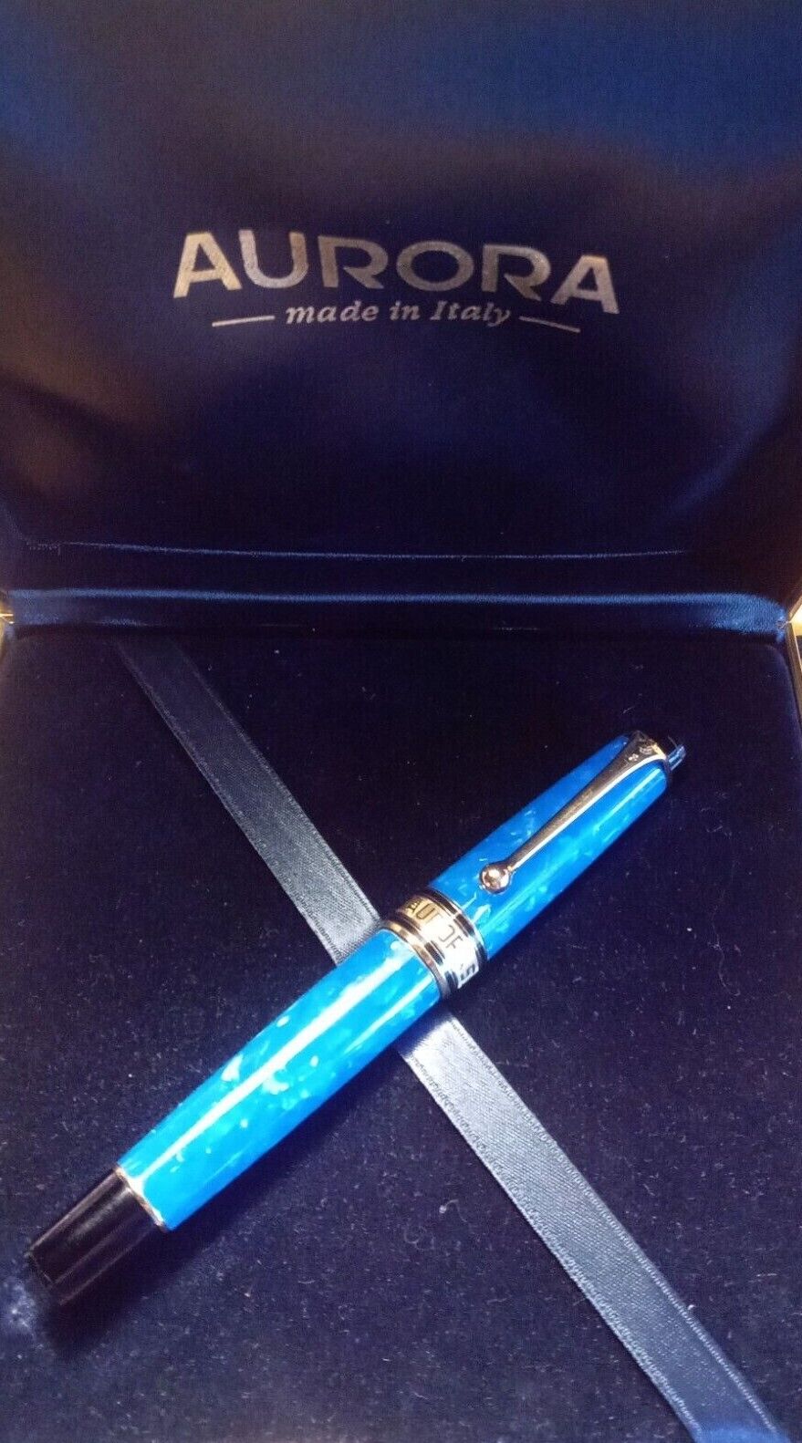 Aurora Optima Blue Ball Point Pen #2458 With Gold Trim In Original Box