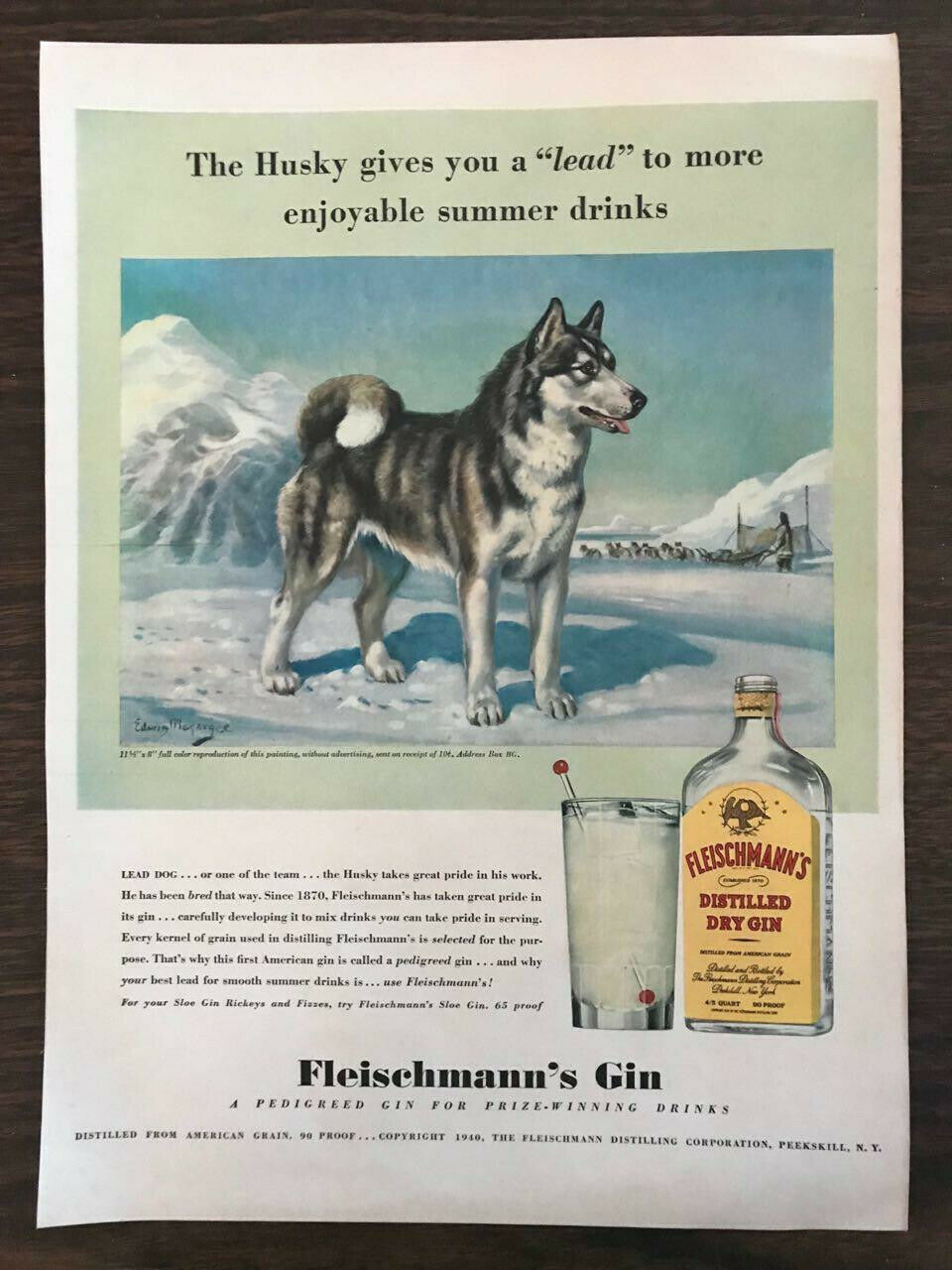 Orig. 1940 Fleischmann's Gin Print Ad Artist Edwin Megargee Husky Dog Painting