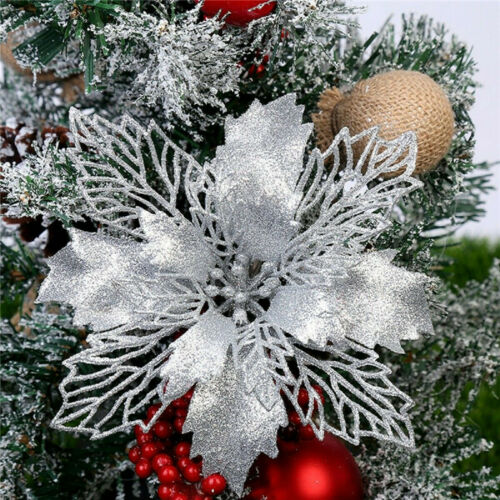 10pcs Glitter Christmas Poinsettia Hanging Flowers Xmas Party Tree Decoration Us