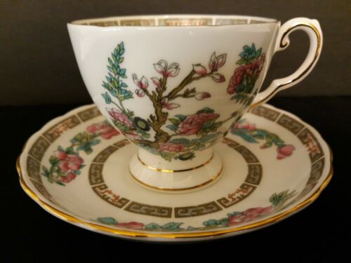 Vintage Royal Chelsea Footed Tea Cup Saucer Bone China Gold Trim Cherry Blossoms