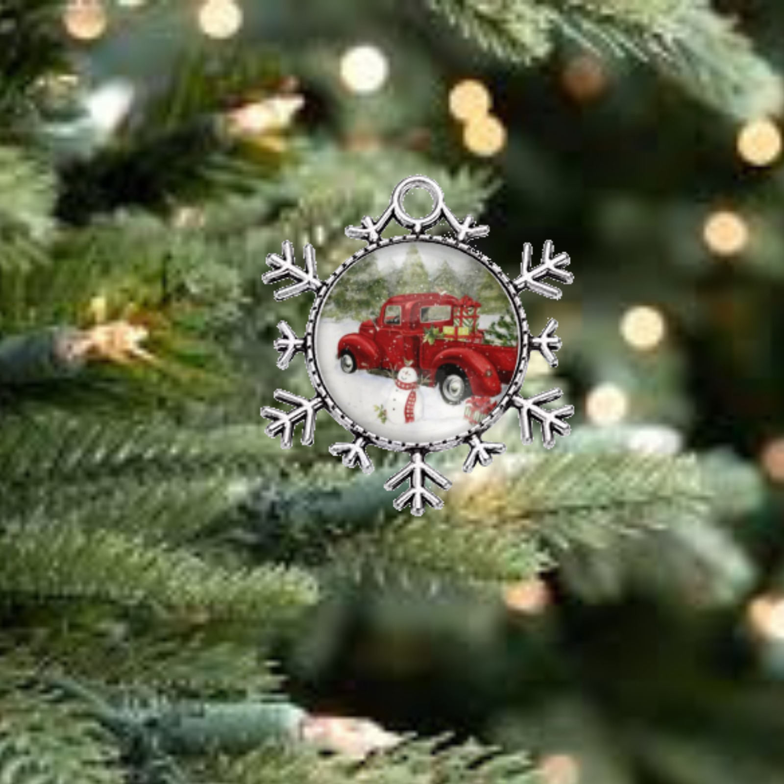 Christmas Farmhouse Scenic Retro Red Truck Silver Snowflake Christmas Ornament
