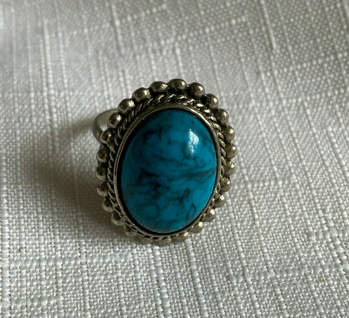 Vintage Silver Tone Blue Stone Ring, Adjustable Currently U.s. Size 7.25