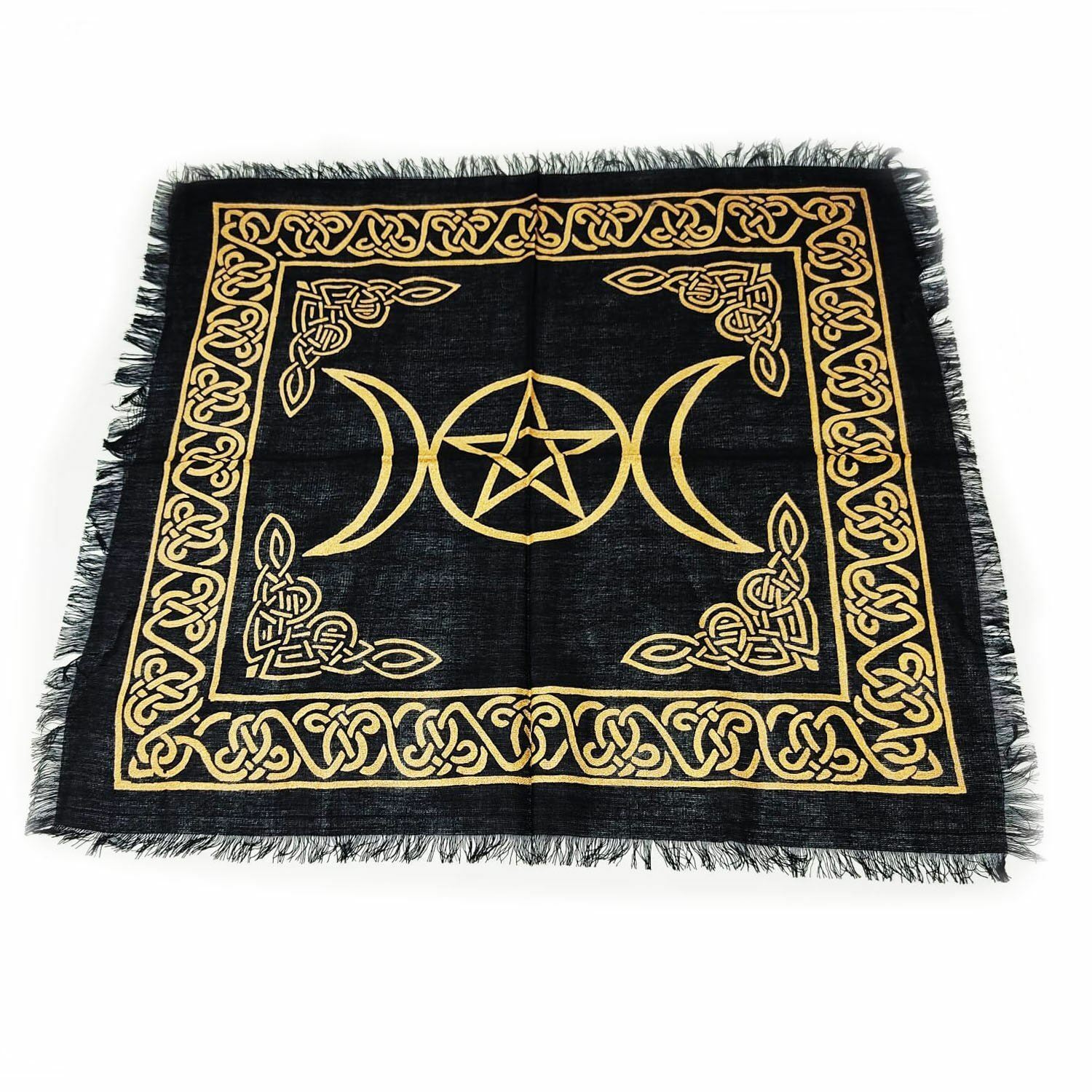 18" X 18" Altar Cloth Triple Moon Black And Gold Rayon Wiccan Witchcraft Altar D