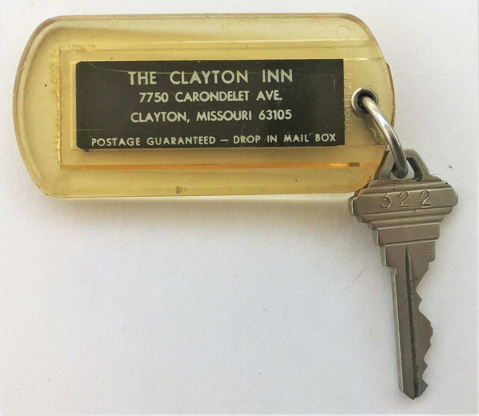 Vintage Hotel Key And Fob, The Clayton, Inn, Clayton Missouri, Rm 322, Free Ship