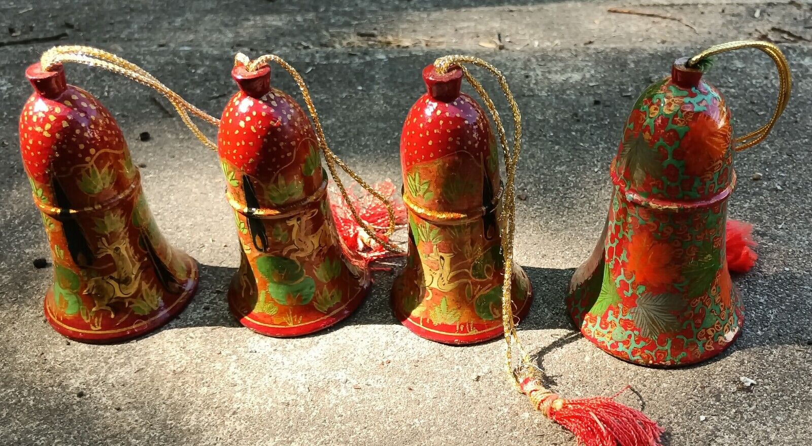 Hand Painted Paper Mache Bell Ornaments X4
