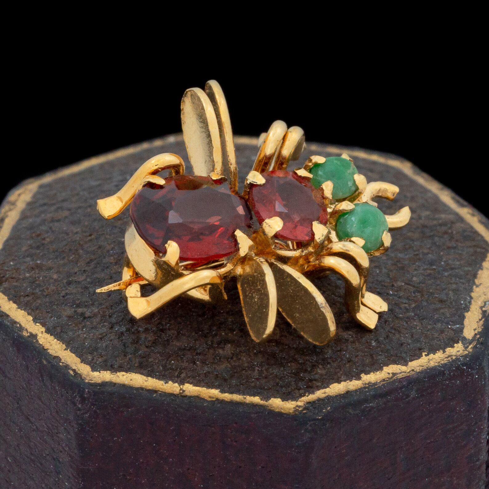 Antique Vintage Deco 14k Gold Filled Gf Garnet Peking Glass Bee Pin Brooch 1.6g