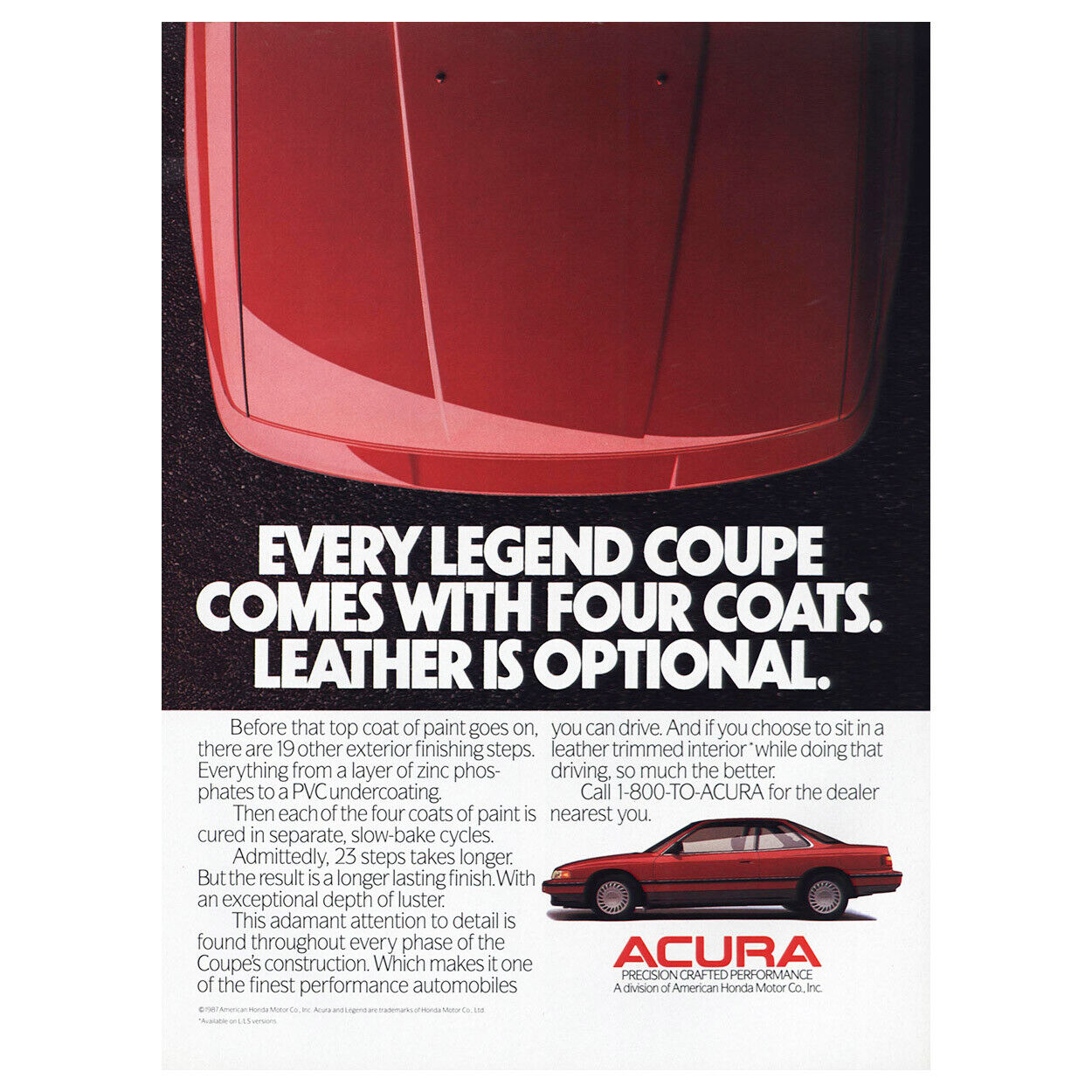 1987 Acura: Every Legend Coupe Comes With Four Coats Vintage Print Ad