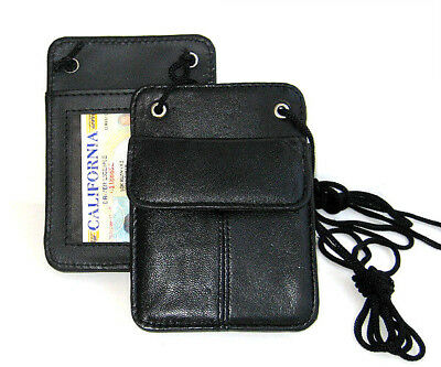 Black Leather Id Badge Card Holder Wallet Neck Strap Travel Work Lanyard