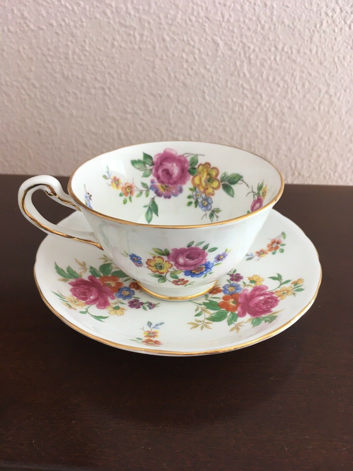 Royal Chelsea Fine Bone China, Roses & Violets Cup & Saucer Made In England