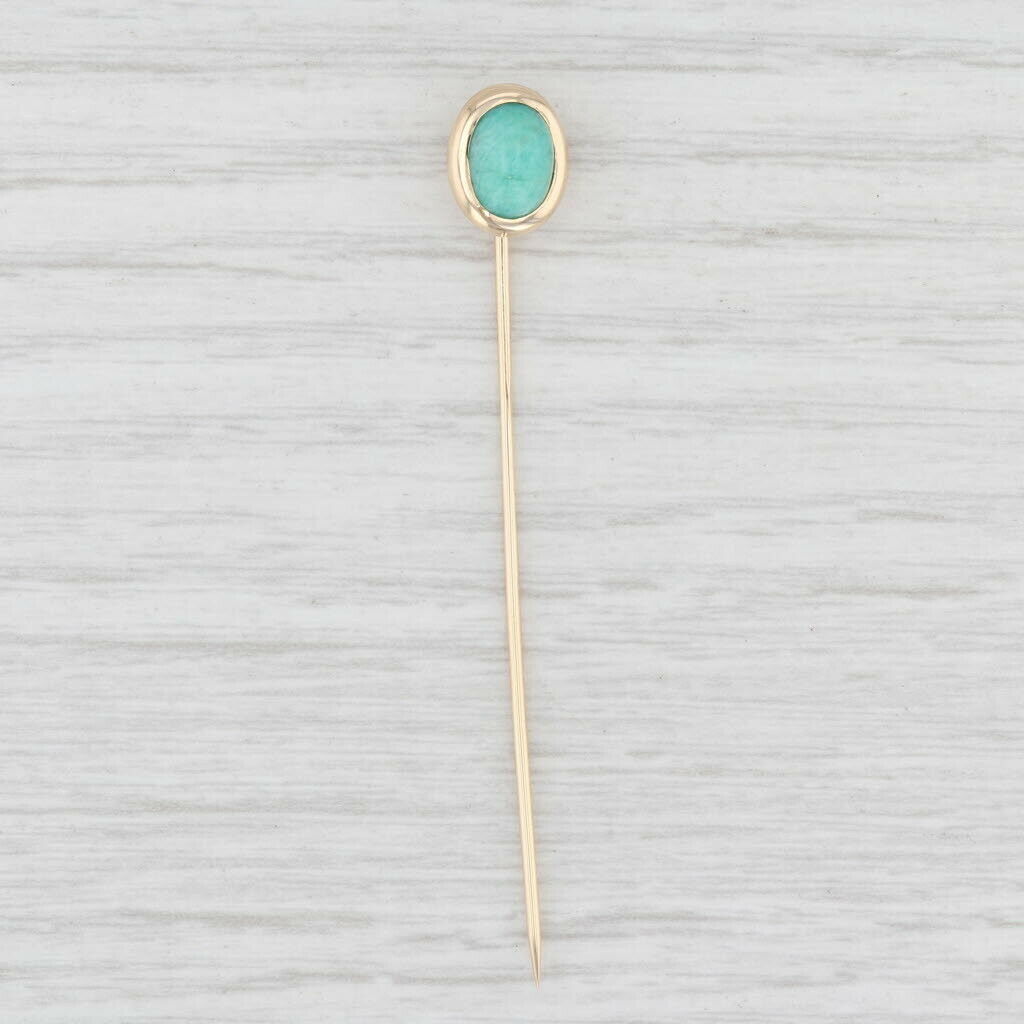 Vintage Green Amazonite Stick Pin 14k Yellow Gold Oval Solitaire