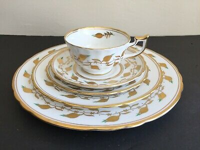 Vtg Royal Chelsea Gilded Gold Leaves Jade Green Tips 5 Pieces Place Setting