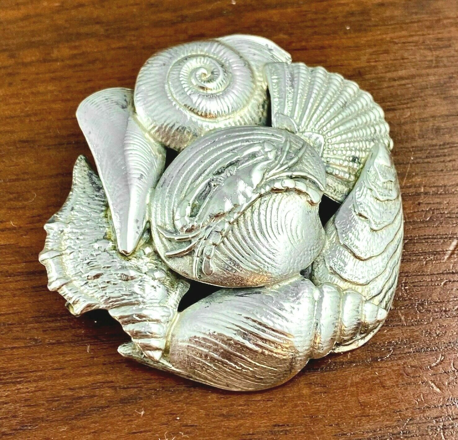 Large Shiebler Aesthetic Sterling Silver Sea Shell Brooch Pin Applied Crab