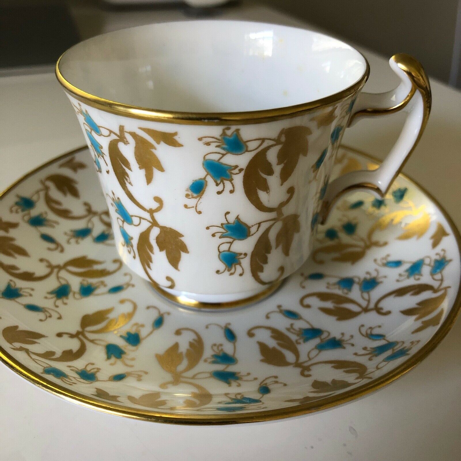 Royal Chelsea #3114 A England Turquoise Gold 2 3/8" Demitasse Cup And Saucer Set